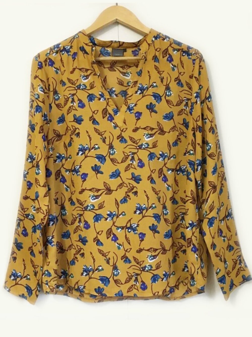 ICHI x ELLA Denmark Mustard Yellow Blue Floral Popover Blouse - L